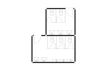 2 dimension floor plan design of public toilet man and woman, line black isolated on white background. Set 4