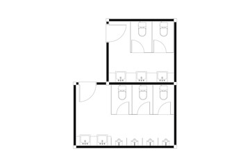 2 dimension floor plan design of public toilet man and woman, line black isolated on white background. Set 3