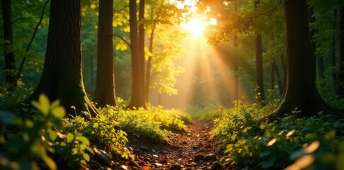 Obraz premium Warm sunlight filtering through leaves, casting dappled light on forest floor, forest, natural