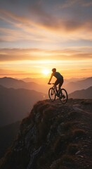 Fototapeta premium Cyclist Silhouette on a Mountain Trail at Sunset