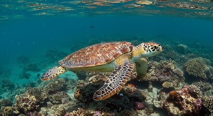 Fototapeta premium An underwater shot of a sea turtle gliding through coral reefs 