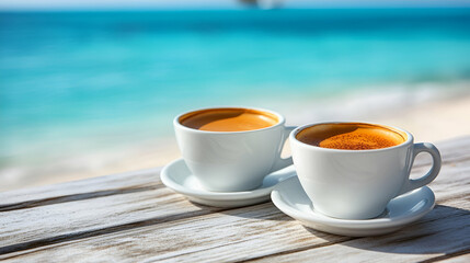 Two coffees, beach, ocean, sunny day, relaxation