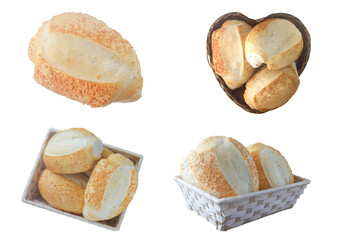 Set of fresh French bread isolated on white background – crispy bread pictures for bakery, breakfast and menu