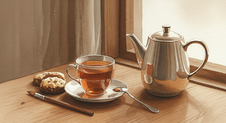 Fototapeta premium Watercolor Tea Still Life with Teapot Cup and Pastries, Cozy Home Decor Illustration