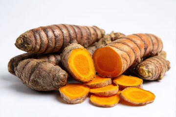 Fresh turmeric roots and slices on white background