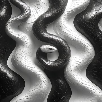 Abstract Photo Of Black And White Snakes With Scales Intertwined Together Artistically