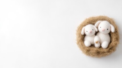 Fototapeta premium Two adorable white rabbits nestled in a straw nest