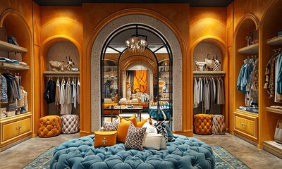 Luxurious boutique interior showcasing stylish clothing and accessories in a vibrant setting