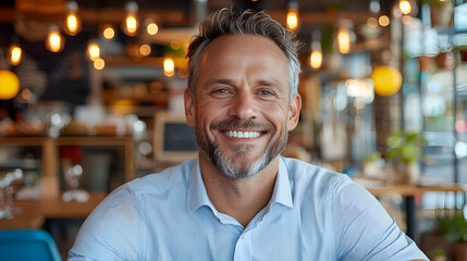 Obraz premium Happy smiling middle aged man in cafe setting