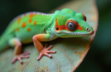 Obraz premium Madagascar Giant Day Gecko Phelsuma grandis on leaf. Green lizard with orange spots, red eyes. Close-up reptile photo portrait, natural tropical wildlife in jungle.