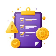 Checklist with coins and warning on white background