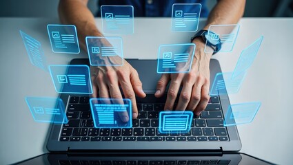 Man typing on laptop, glowing electronic document files and digital signature