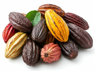 Colorful cacao pods, harvest, white background, food ingredient