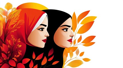 Two women wearing hijabs are depicted in a digital artwork with orange and red foliage accents.