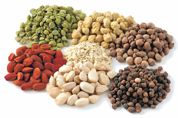 Fototapeta premium Assorted seeds and grains on white background; healthy food concept