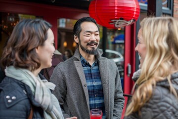 Asian couple talking and drinking red wine at a restaurant in the street