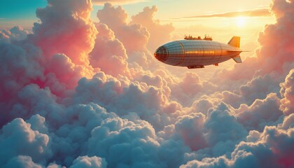 Naklejka premium White Airship Soaring Above Sunset Clouds