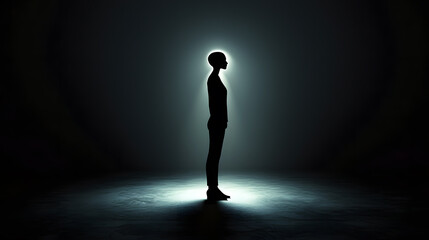 Silhouette in the Spotlight: A single figure stands illuminated, a radiant silhouette against the darkness. The image evokes feelings of mystery, isolation, and introspection.