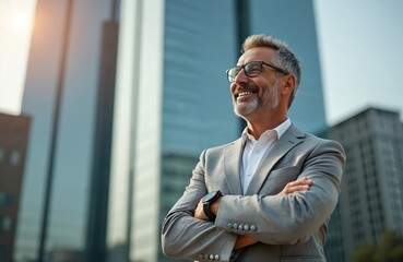 Happy, smiling middle-aged businessman executive looks up. Successful corporate leader with grey hair, glasses, white shirt, grey suit stands outside office building, crossed arms. Mature