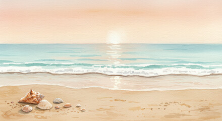 Seashells Beach Sunrise Watercolor Scenic Background for Summer Designs