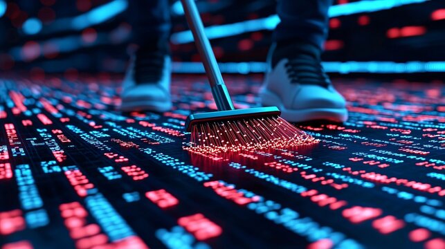Abstract visualization of data cleansing: realistic broom with glowing synthetic bristles sweeping digital noise from a floor of neon code and data packets