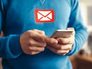 Person Using Smartphone with Email Icon on Sweatshirt