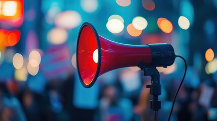 Positioned slightly to one side the politician is caught midsentence with the megaphone transmitting their words into the vibrant atmosphere. The backdrop includes blurred signs of