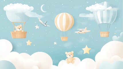 Dreamy sky adventure with teddy bears, balloons and airplanes in a soft pastel palette