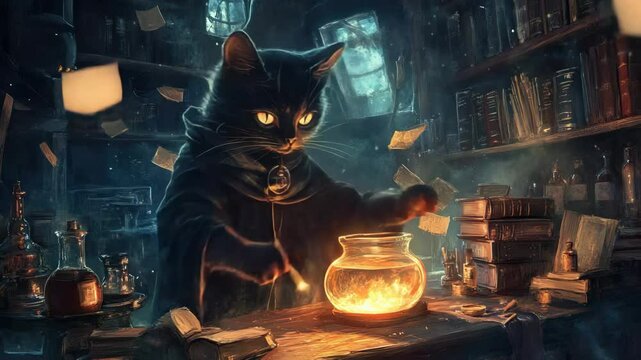 Enchanted black cat brewing magic potion in mysterious medieval library