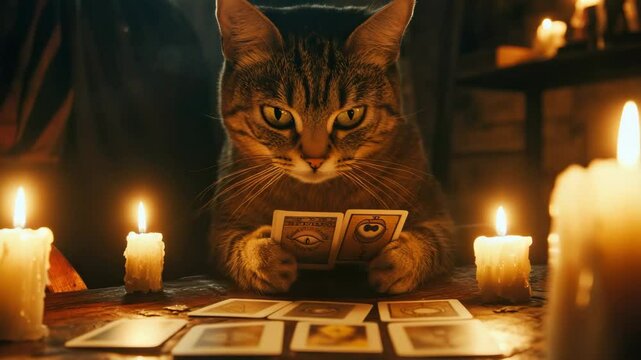 Mystic cat tarot reading by candlelight in a dark room