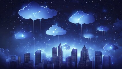 Fototapeta premium A digital illustration of cloud technology in urban architecture, with glowing clouds and skyscrapers interconnected by data connections, representing the integration between city life Generative AI