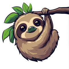 Cute cartoon sloth hanging from a branch surrounded by green leaves in a cheerful, playful style