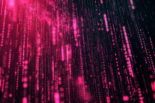 Flow of data in the future digital rain and cloud computing. Abstract digital rain of binary code in pink and red on a black background. 
