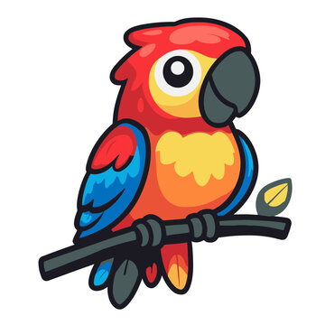 Colorful parrot icon perched on a branch in a vibrant flat design style