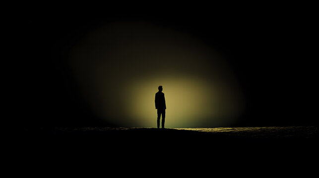 Solitary Silhouette: a mysterious silhouette of a person stands alone, illuminated by a single spotlight casting a dramatic shadow. The ambiance evokes deep emotions and introspection.
