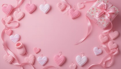 Pink baby shower decorations featuring knitted baby booties, heart shapes, and a gift box with ribbon on a pink background