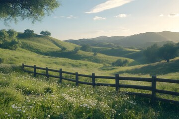 Fototapeta premium A scenic view of rolling green hills with a wooden fence and wildflowers in the foreground on a sunny day