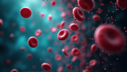 A detailed 3D illustration of the inside of a blood vessel, filled with red blood cells flowing dynamically through its winding structure toward a bright light. Generative, AI,