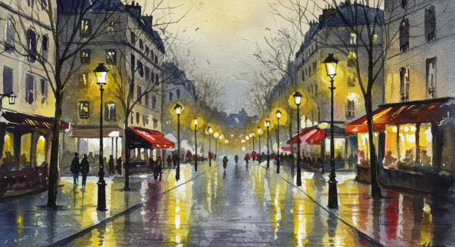 Paris Rainy Street Scene Watercolor Painting at Night, European Cityscape for Travel Blogs, City Guides and Website Headers