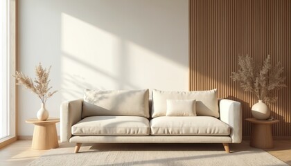 Minimalist living room featuring neutral sofa round wooden side table with vase, wooden slatted accent wall. Clean serene space with natural light, creating cosy atmosphere. Home decor design.