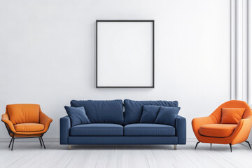 blue sofa and orange lounge chair against white wall with art frame. scandinavian interior design of modern living room.