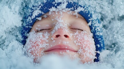 Childs face covered in frost crystals winter cold weather close up macro photography