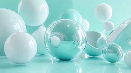 Mint and white spheres create a soft, ethereal scene.