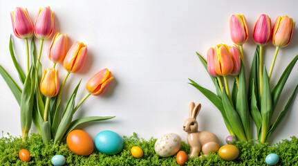 Easter decorations with colorful tulips and a bunny figurine  