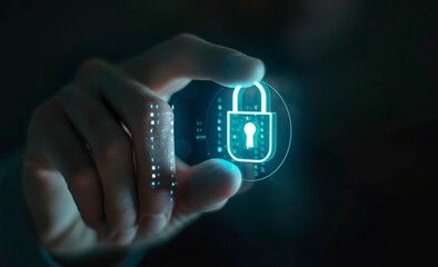 A hand with the index finger pointing at an illuminated lock icon on a dark background, symbolizing