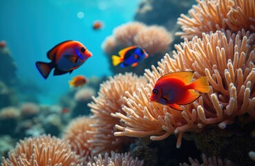 Underwater scene vibrant marine life, colorful coral reefs with tropical fishes. Oceanic ecosystem exploration, biodiversity, marine life conservation concept. Fish swim around corals, ocean scenery,
