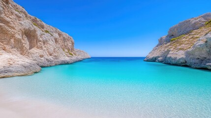 Tranquil, secluded beach cove with crystal-clear turquoise water and white sand, framed by dramatic limestone cliffs