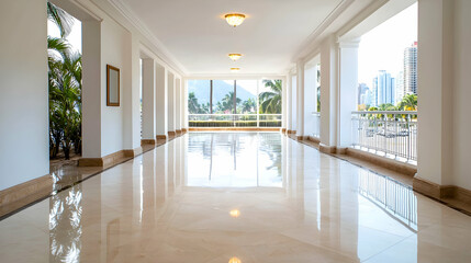 Fototapeta premium Bright spacious hallway polished marble floor modern interior design