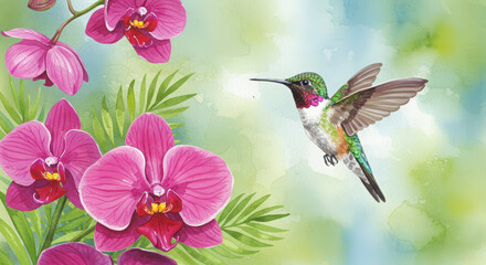 Fototapeta premium Hummingbird and Orchid Watercolor Painting, Delicate Floral Illustration for Spring Designs