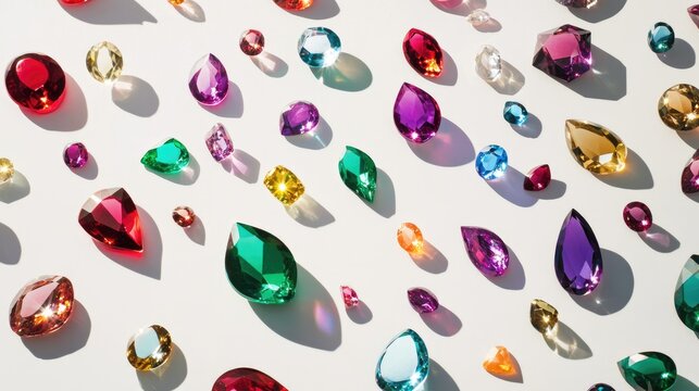 Assorted polished gemstones including ruby, emerald, topaz, and amethyst spread out on white surface